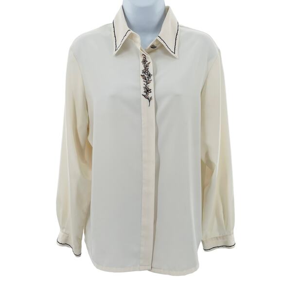 Koret Vintage 90s Cream Embroidered Trim Long Sleeve Sheer Career Blouse Sz 10 - Picture 1 of 11